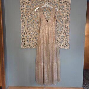 Taylor Metallic-Knit Smocked V-Neck a-Line Dress - Rose Gold Size 14